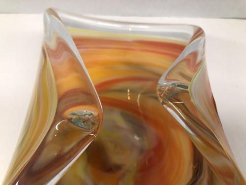 Murano Glas Schale gefaltet orange bernstein grün Etiketten weiß Kristall Handarbeit Italy - Bild 5 von 10