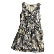 Guess Beige Blue Paisley Print Fitted Waist Above Knee Sleeveless Vneck Dress 8