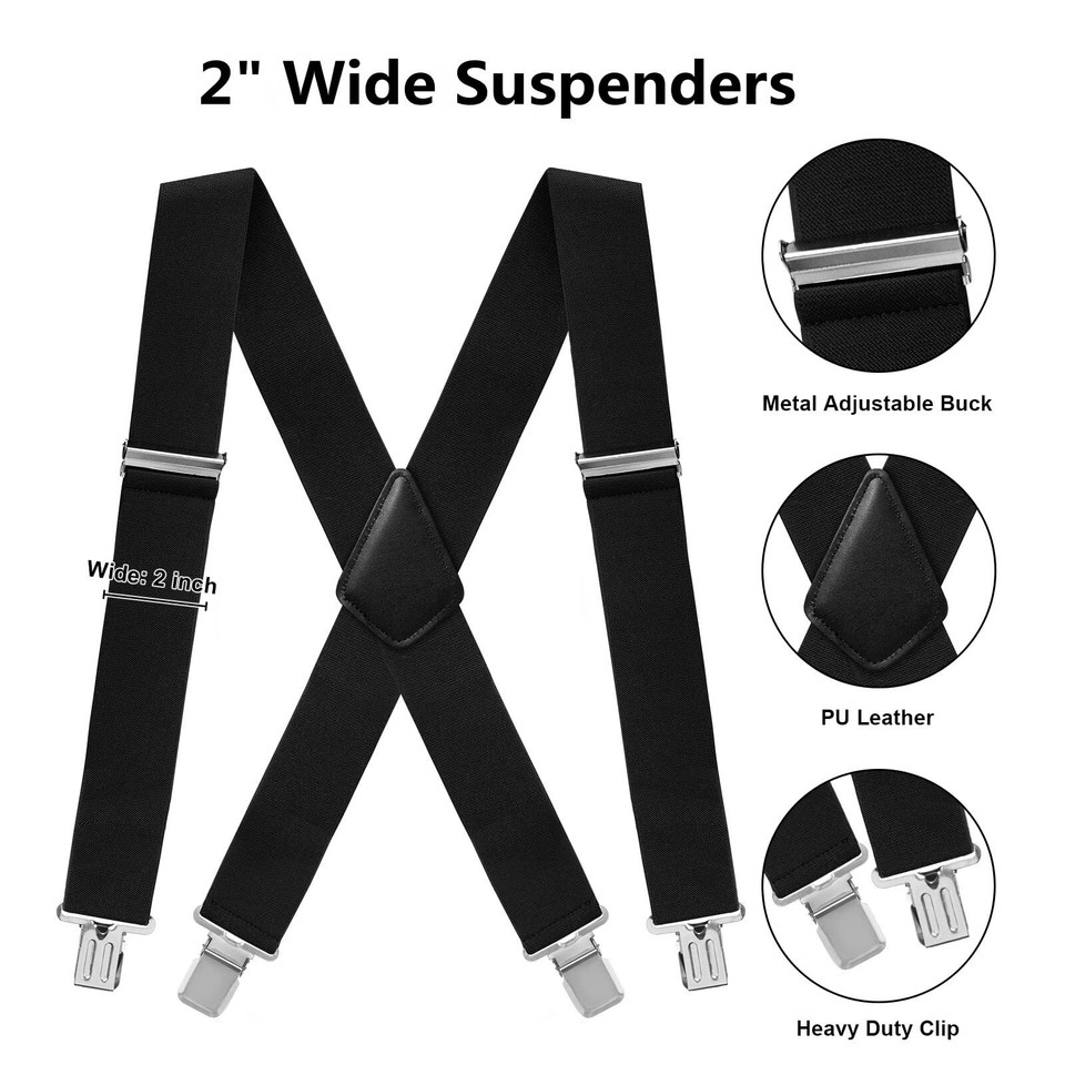 Mens Suspenders XBack 2" Wide Adjustable Solid Straight Heavy Duty