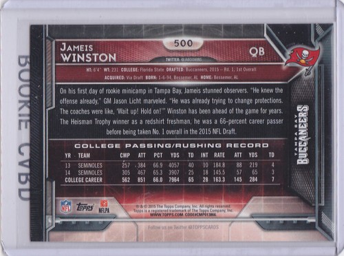JAMEIS WINSTON 2015 Topps RC Tampa Bay Buccaneers FOOTBALL ROOKIE CARD - Picture 2 of 2
