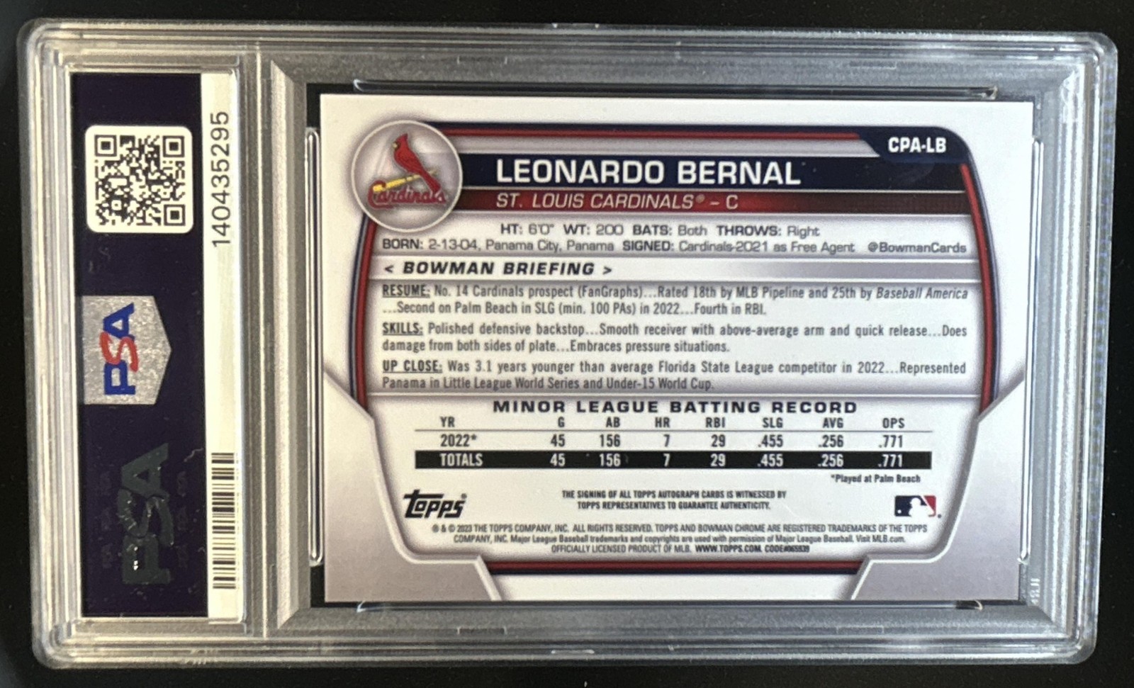 2023 Bowman Chrome Leonardo Bernal Auto Purple Refractor 1st #/250 PSA 10 view 2