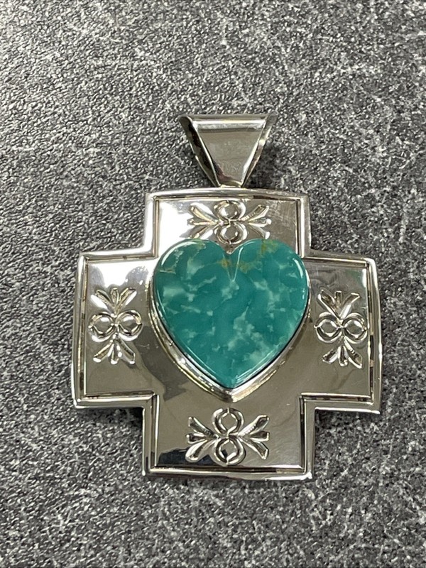 VTG 925 Sterling Silver South Western Turquoise Heart Cross Pendant 16.6g HEAVY