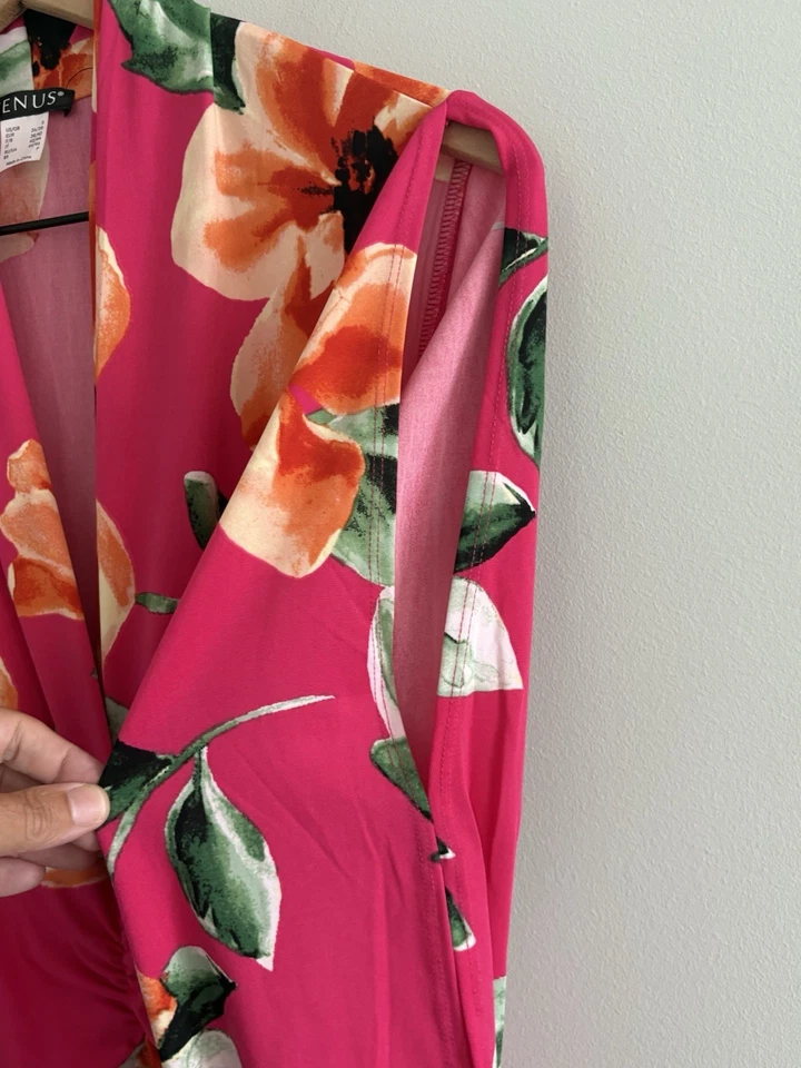 VENUS Maxi Dress Womens Small Pink Floral Long Slit Sleeves Rouching Vacation - Image 3 of 4