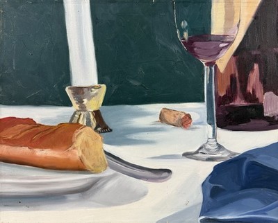 American mid 20th century, Vintage Oil Painting, Still Life - Bread Wine Candle