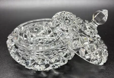 Vintage Pressed Crystal Candy Dish w Lid Hobstar Sawtooth Pattern Trinket Box 4"
