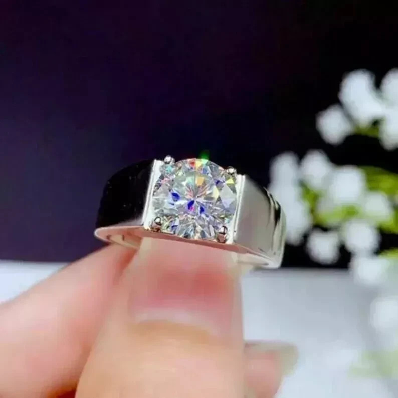 Real 925 Sterling Silver 2 CT Round Cut Moissanite Solitaire Men's Wedding Ring