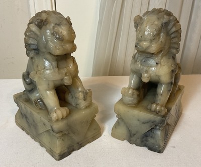 7.25  Pair Of Antique Chinese Hand Carved Jade Soap Stone Foo Dog Lion Statues