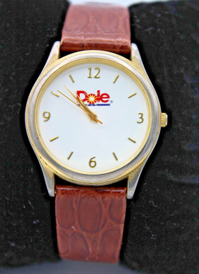 Vintage Dole Food Company Logo Advertising Quartz Watch Brown Leather Strap
