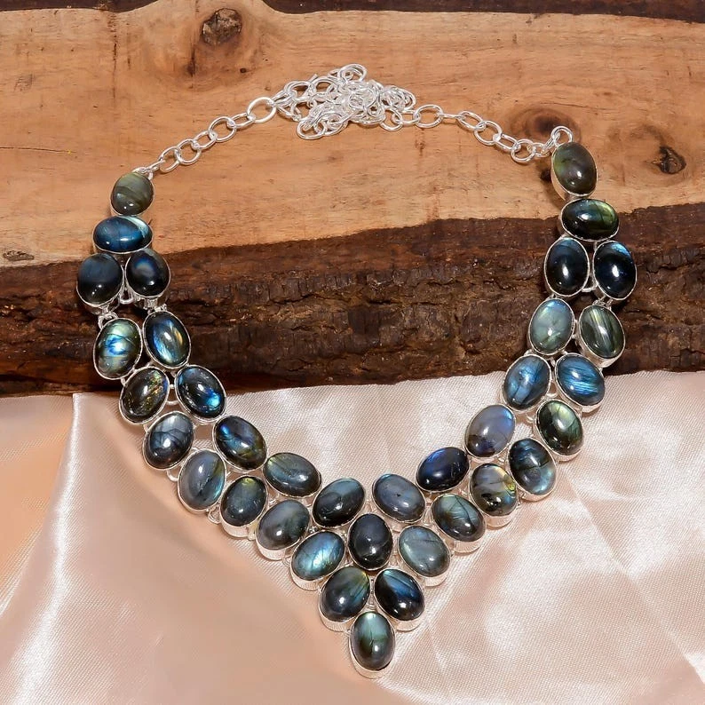 Collar de joyería de plata de ley 925 hecho a mano con piedras preciosas de labradorita tamaño-18" Foto 3 de 4