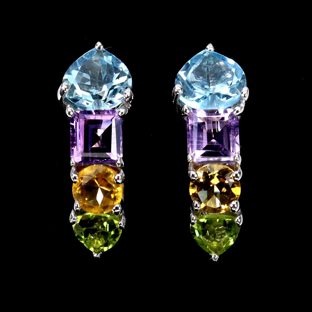 925 Sterling Silver Heart Earrings with 7mm Blue Topaz & Citrine Gemstones