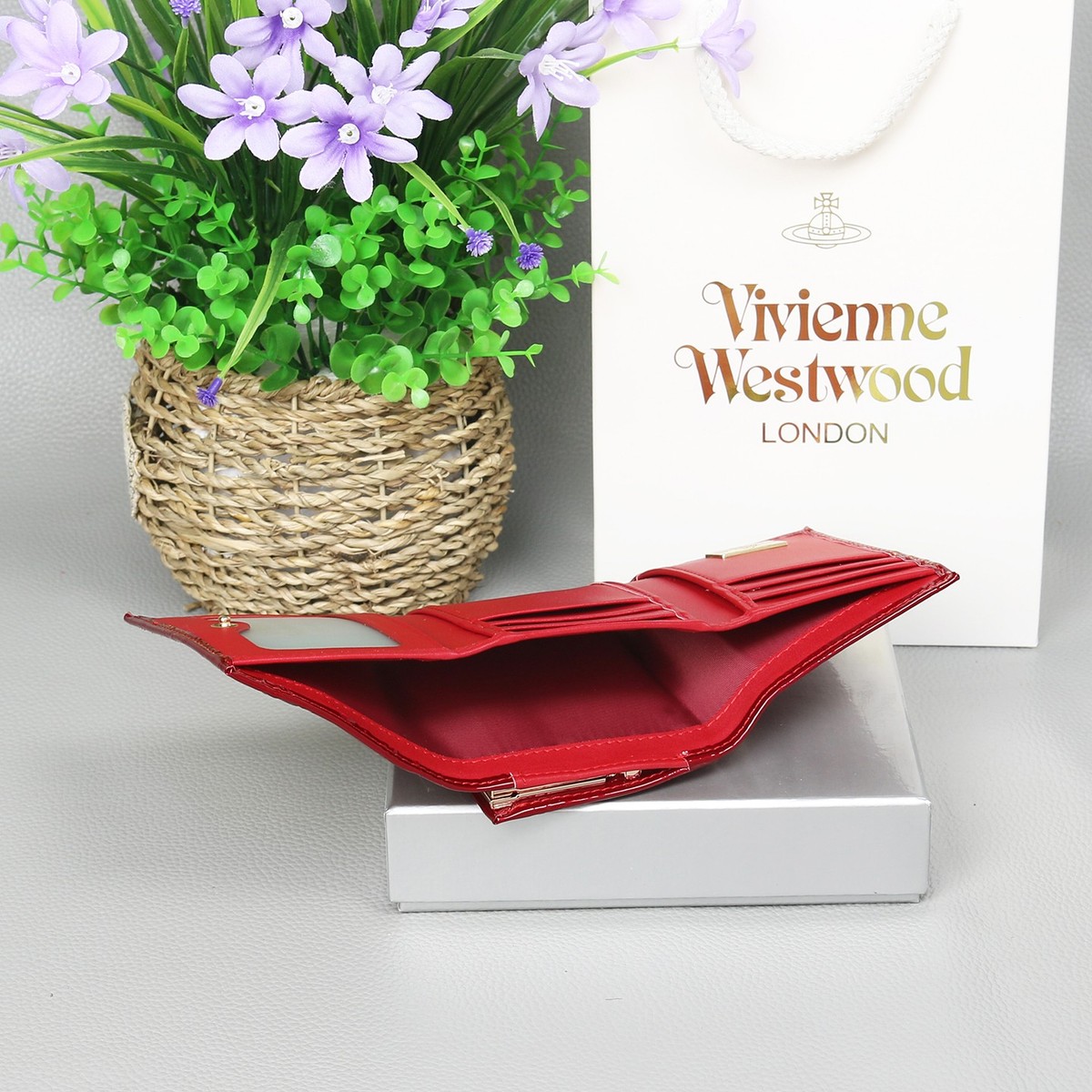 Vivienne Westwood Clasp Trifold Wallet Enamel Fabric Orb Red