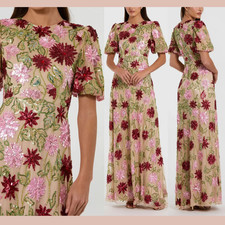 NWT Mac Duggal [ 10 ] 6125 Floral Beaded Mesh Puff Sleeve Gown Nude Multi S2193