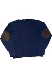 Polo Ralph Lauren Boys Navy V-Neck Sweater Red Pony Elbow Patches Size M 10-12