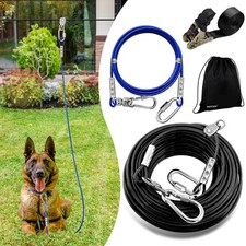 Dog Zipline Tie Out Cable 100ft Runner Trolley System 15ft Lead for Large Dogs