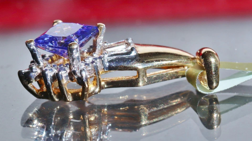 Винтажная подвеска из желтого золота 14 карат с танзанитом и бриллиантом-солитером 0,50 карата ручной работы 2,15 г - Изображение 3 из 4