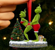 Funny Green Monster Couple Ornament, Personalized Acrylic Christmas Gift 2025