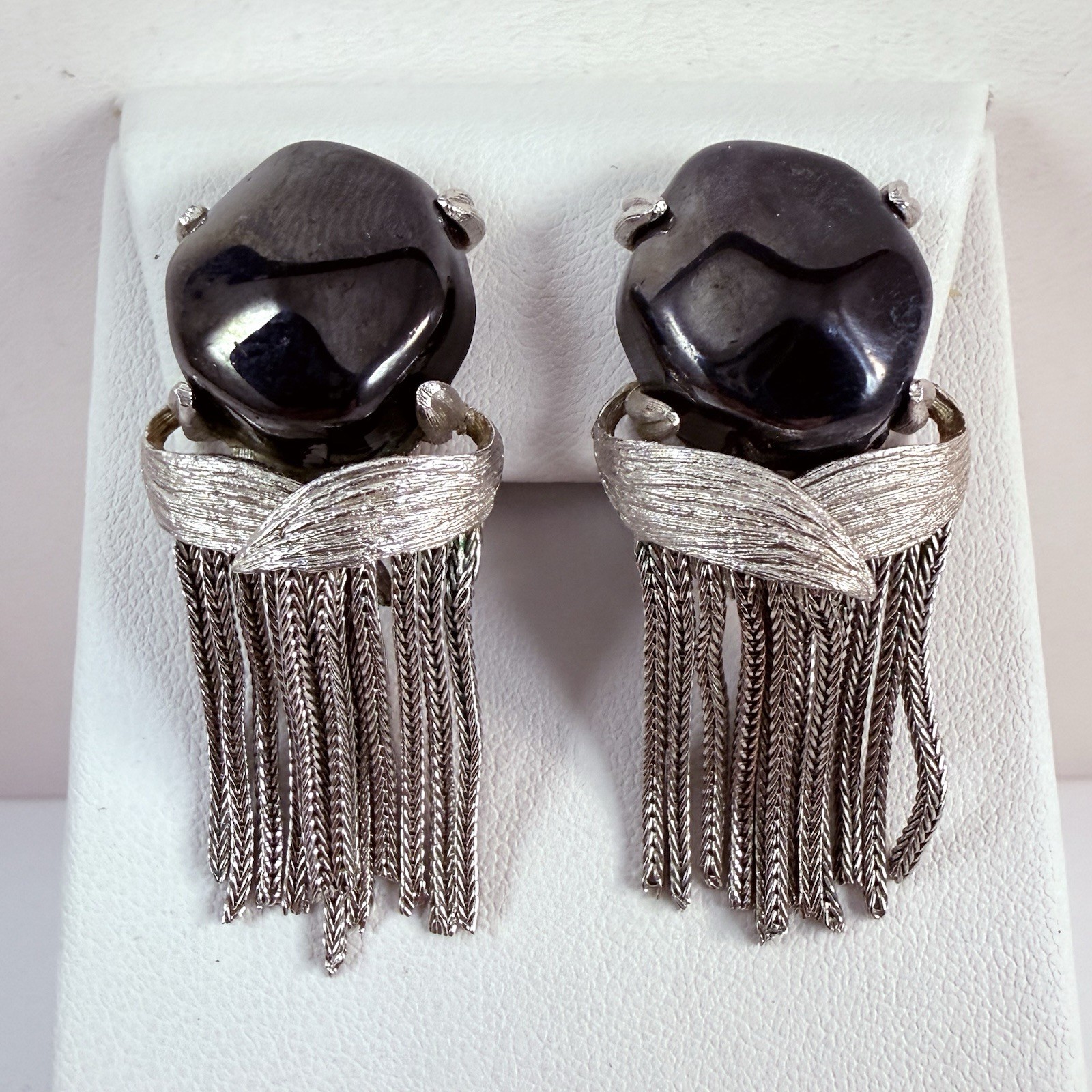 Vintage 1950s Black Glass Silver Tone Fringe Tassel Clip on Earrings