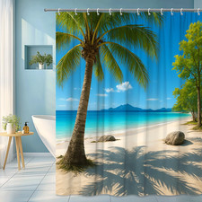Beach Paradise Shower Curtain with Palm Trees and Tropical Ocean Scene
