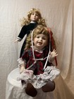 Bundle of 2 Blonde Curly Hair Porcelain Dolls, Plaid Lace & Emerald Green Dress — photo 1