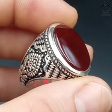 Red Yemeni Aqeeq Ring 925 Sterling Silver Islamic Arabic Handmade Jewelry