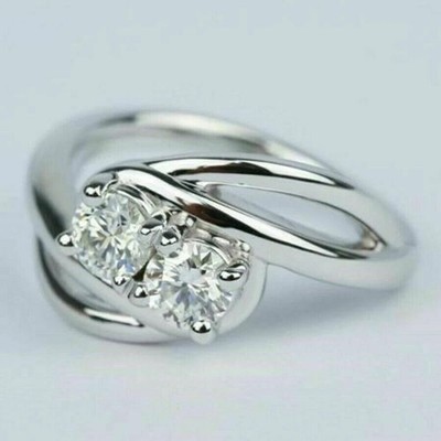 1.00Ct Round Cut Real Moissanite Women's Two Stone Ring 14k White Gold Plated