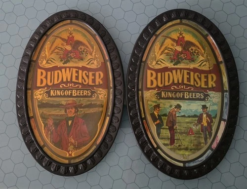 Vintage Budweiser King of Beers Oval Sign. Fishing and Golf ~ Man Cave Must!