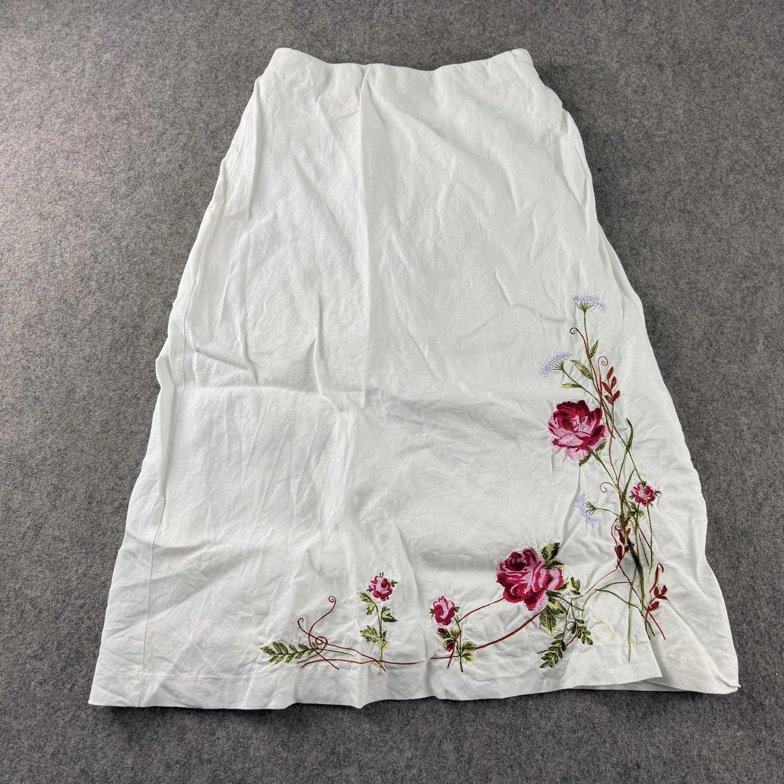Laura Ashley Skirt Womens UK 8 White Linen A-Line Midi Floral Embroidered Lined