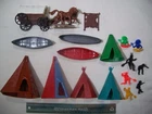 17 RARE MARX MPC LIDO COWBOYS INDIANS TEEPEES CANOES WAGON 1/32 54MM PLASTIC