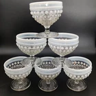 Anchor Hocking Moonstone Opalescent Glass Sherbet Dessert Cups White Hobnail x6