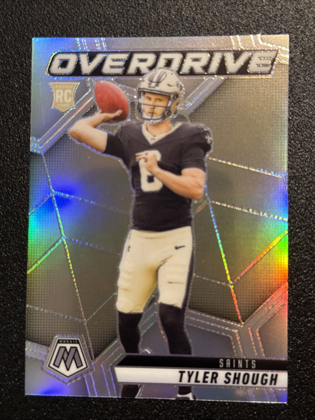 2025 Panini Mosaic- Overdrive Silver Prizm Tyler Shough RC HOLO Rookie Saints #3