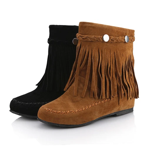Damen-Stiefeletten Kunst-Wildleder Fransen Quaste Mokassin Stiefel runde Spitze Freizeitschuhe - Bild 7 von 18