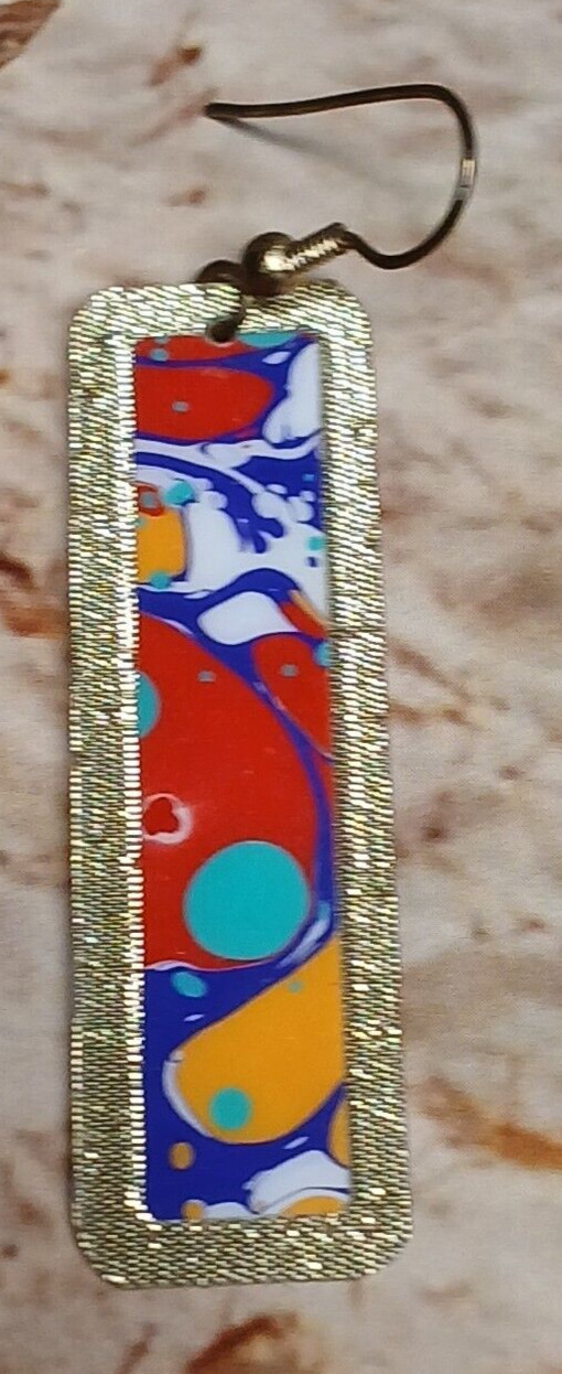 Gold Tone Long Rectangle Multi Color Splatter Pai… - image 2