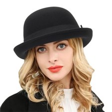 Winter Wool Bowler Derby Hat - Classic Pork-Pie Hat Medium Black and Bownot