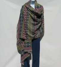 Yak Wool Blend|Kashmir|Shawl/Throw |Handloomed|Reversal|Blue/Purple/Khaki/Pearl