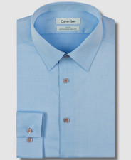  76 Calvin Klein Men Blue Slim-Fit Herringbone Button-Up Dress Shirt 15.5 32/33