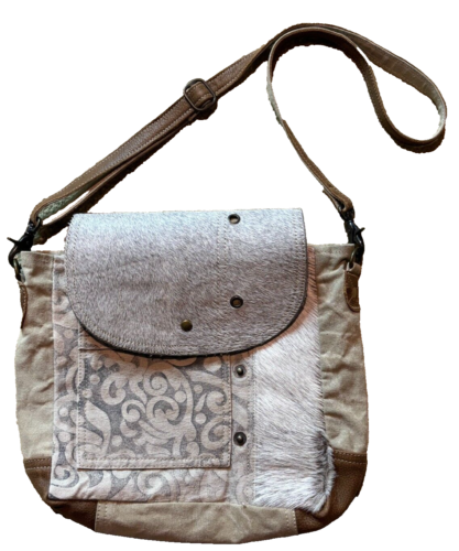Myra Factual Messenger Bag Purse Crossbody Hairon Ponyfur Cowhide Leather Canvas