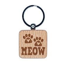 Meow Kitty Cat Paw Prints with Hearts Engraved Wood Square Keychain Tag Charm