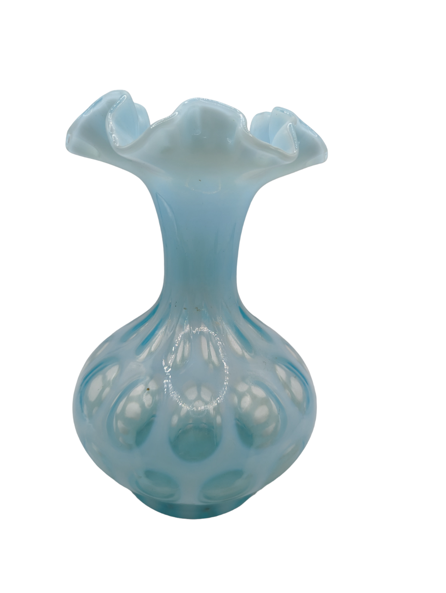 フェントンドットブルーベース Vintage Fenton Coin Dot Blue Opalescent Vase Crimpled Ruffle Edge