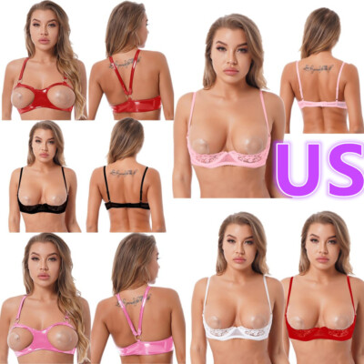 US Women Leather Cut Out Open Cup Bra Top Push Up Unlined Bralette Lingerie Bra