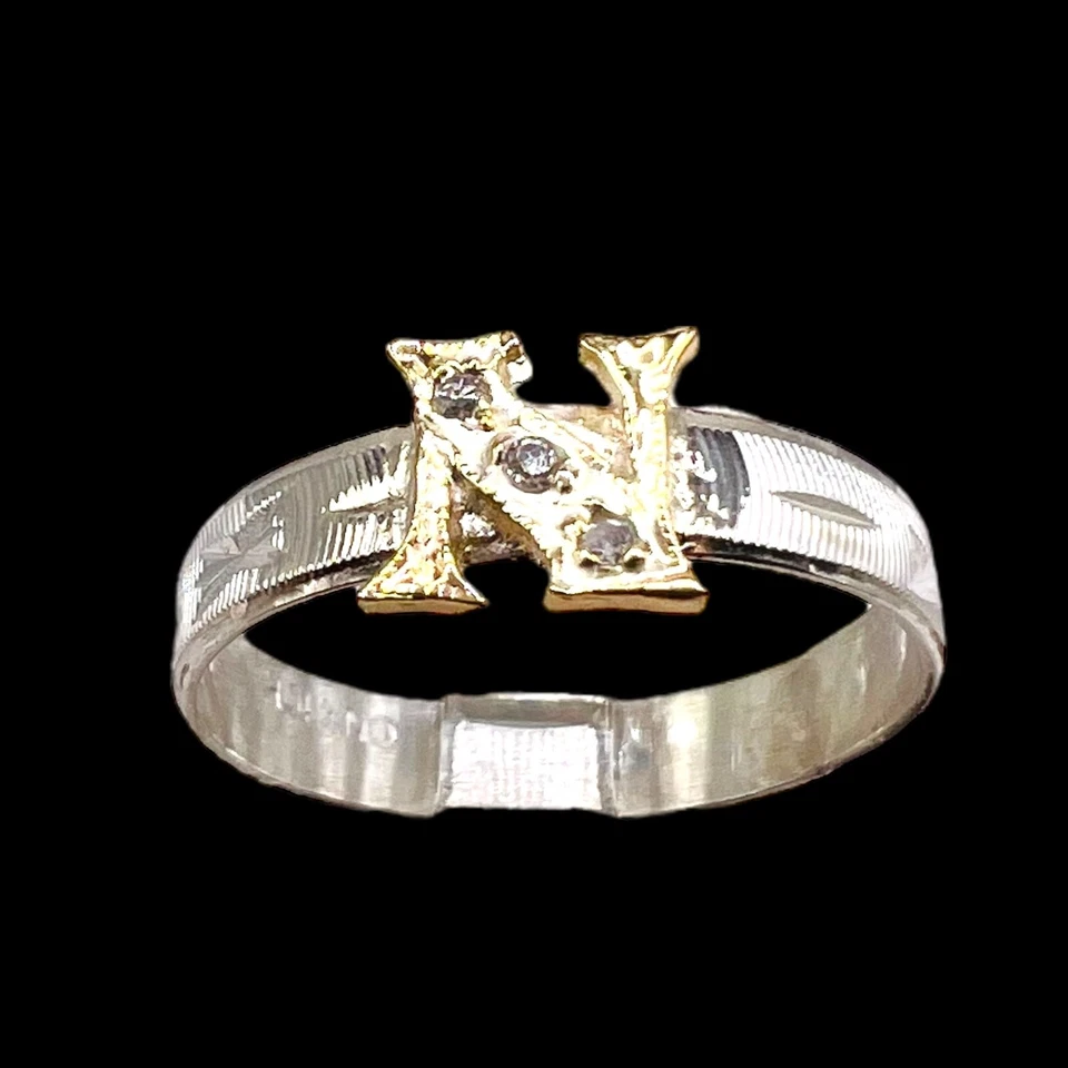 Diamond Initial Letter N 10k Yellow Gold Sterling Silver 3mm Cut Band Ring 6.25 - Image 2 of 4