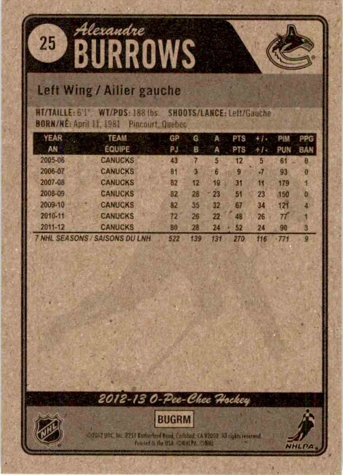 2012-13 O-Pee-Chee Alexandre Burrows #25 - Image 2 of 2