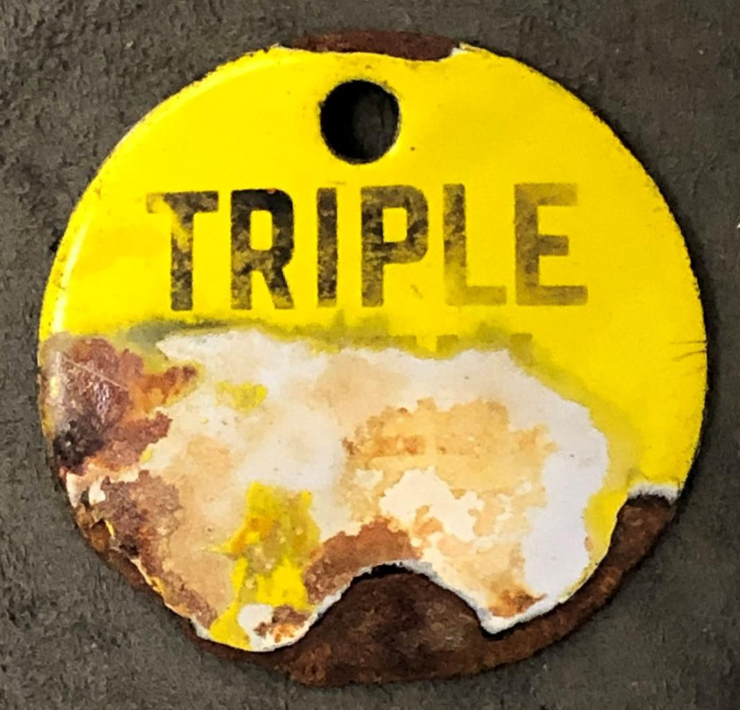 Triple Shell Heavy Petrol Gas Gasoline Oil Cabinet Enamel Badge Sign Plate