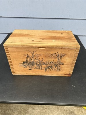 Evans Sports Wooden Ammo Box 1996 Deer Scene Rustic Cabin Lodge Storage Vintage
