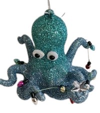 Octopus Blue Glitter Coastal Christmas Ornament