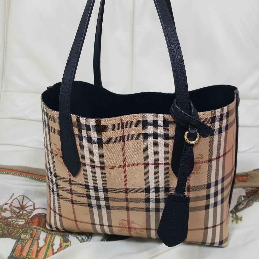Burberry Black Reversible Tote Bag Nova Check Horse Logo Leather