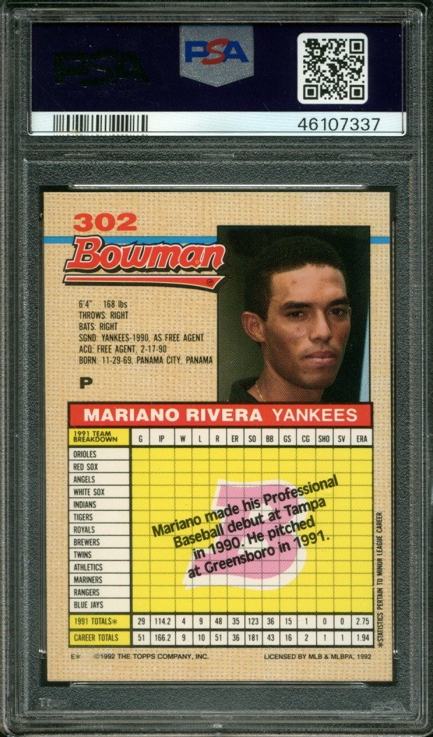 1992 BOWMAN #302 MARIANO RIVERA RC HOF PSA 9 DNA AUTO 10 view 2