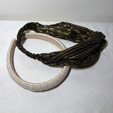 Women  s 2pc Headband Lot Faux Pearl Padded  Braided Elastic, Black/White