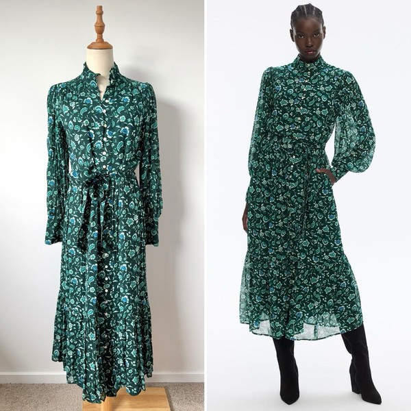 Witchery Midi Shirt Dress Size 10 Green Floral Button Front Tie Waist Balloon