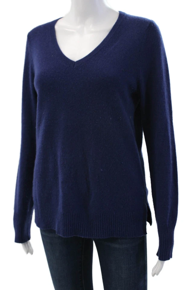 Suéter Pulôver Feminino Saks Fifth Avenue Malha Cashmere Decote V Azul Marinho Tamanho M - Imagem 2 de 4