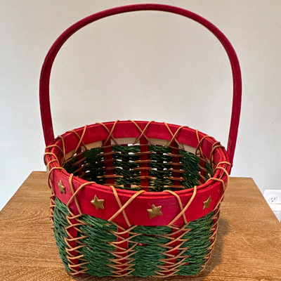 Red & Green Woven Wood Basket w/ Handle, Small Rectangular Holiday Decor
